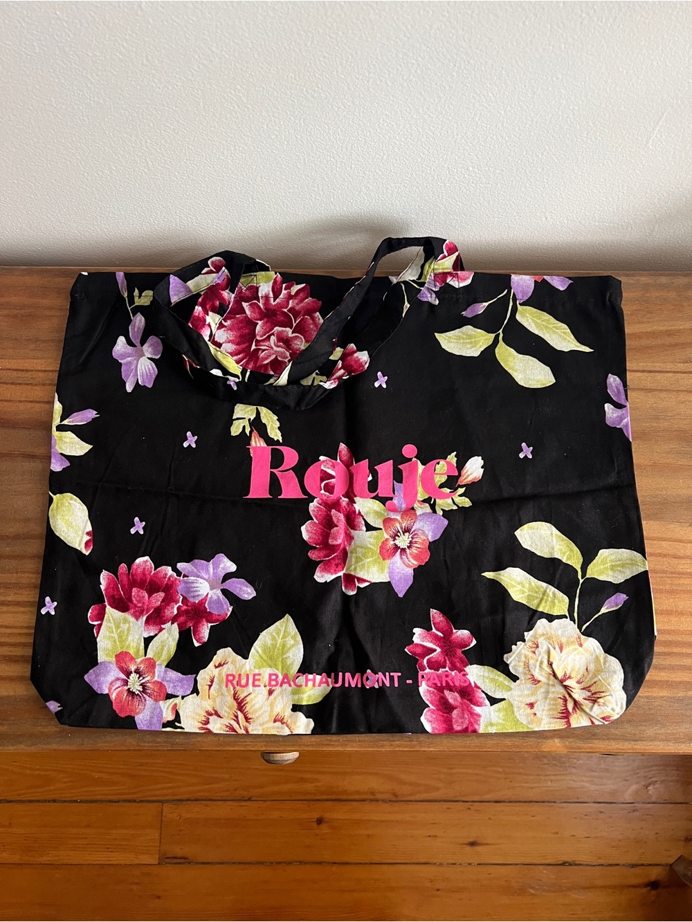 rouje paris floral cotton tote bag black with pink logo